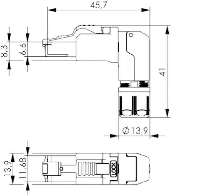 Technische tekening van een L-vormige stekkerverbinding met maatvoering: 45,7 mm lengte, 41 mm hoogte, diameter 13,9 mm.