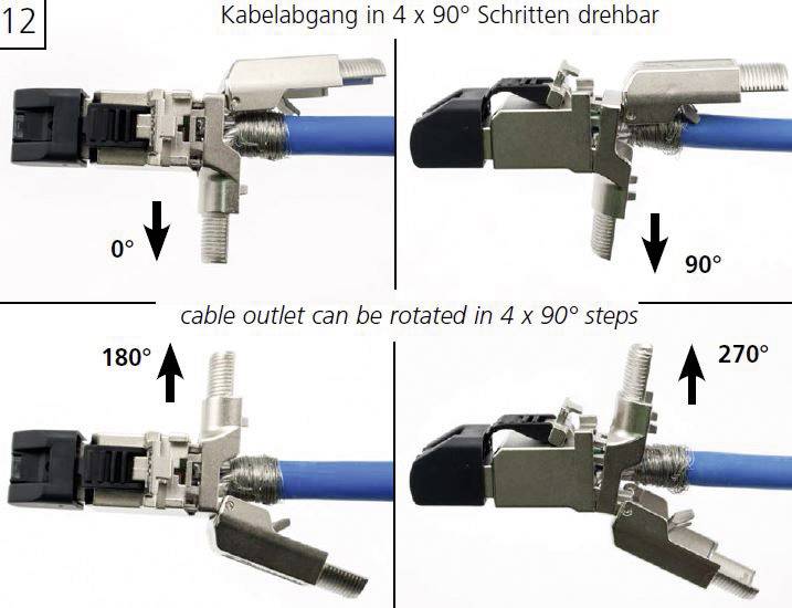 'Kabeluitgang draaibaar in 4 x 90° stappen.' Vier aanzichten van een kabelaansluiting, gedraaid over 0°, 90°, 180° en 270°.