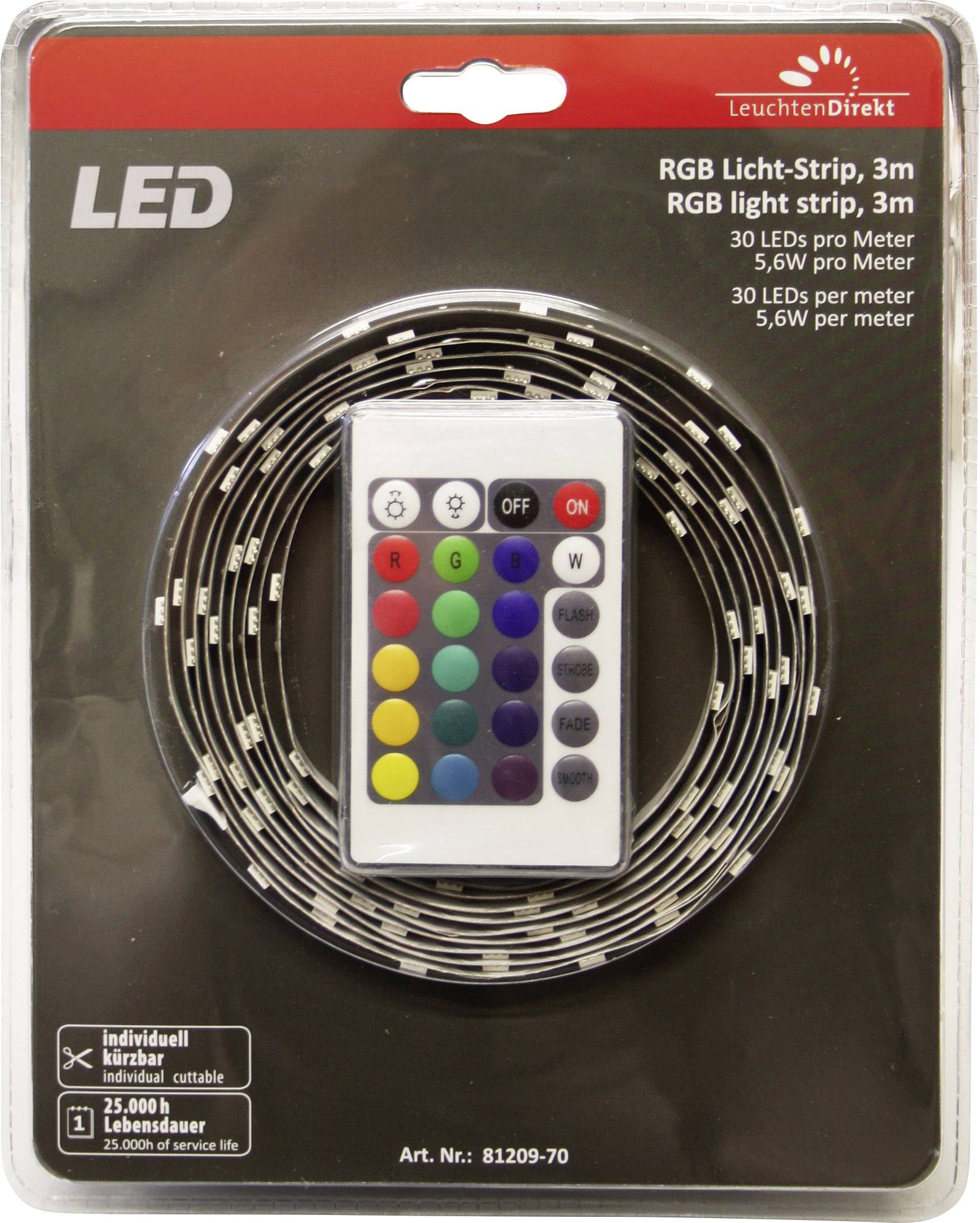 RGB Lichtstrip, 3m, met afstandsbediening. 30 LED's per meter, 5,6W. Levensduur: 25.000 uur. Art. nr. 81209-70. Verpakking toont LED-strip met afstandsbediening.