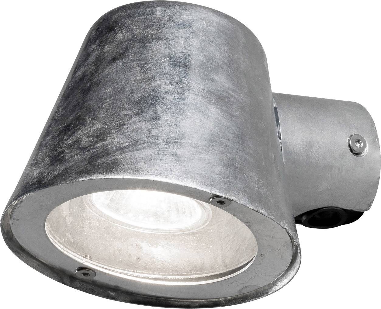 Zilveren buitenlamp met cilindrische behuizing, geschikt voor wandmontage. Strak industrieel design, perfect voor buitenverlichting.