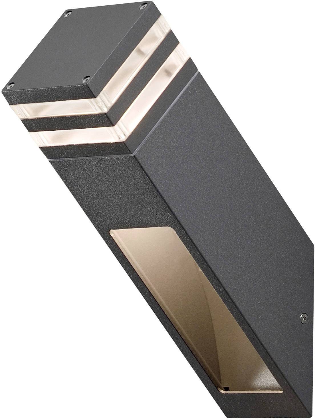 Zwarte, rechthoekige buitenlamp in modern design met twee lichtstrips aan de bovenrand. Hij genereert indirect licht.