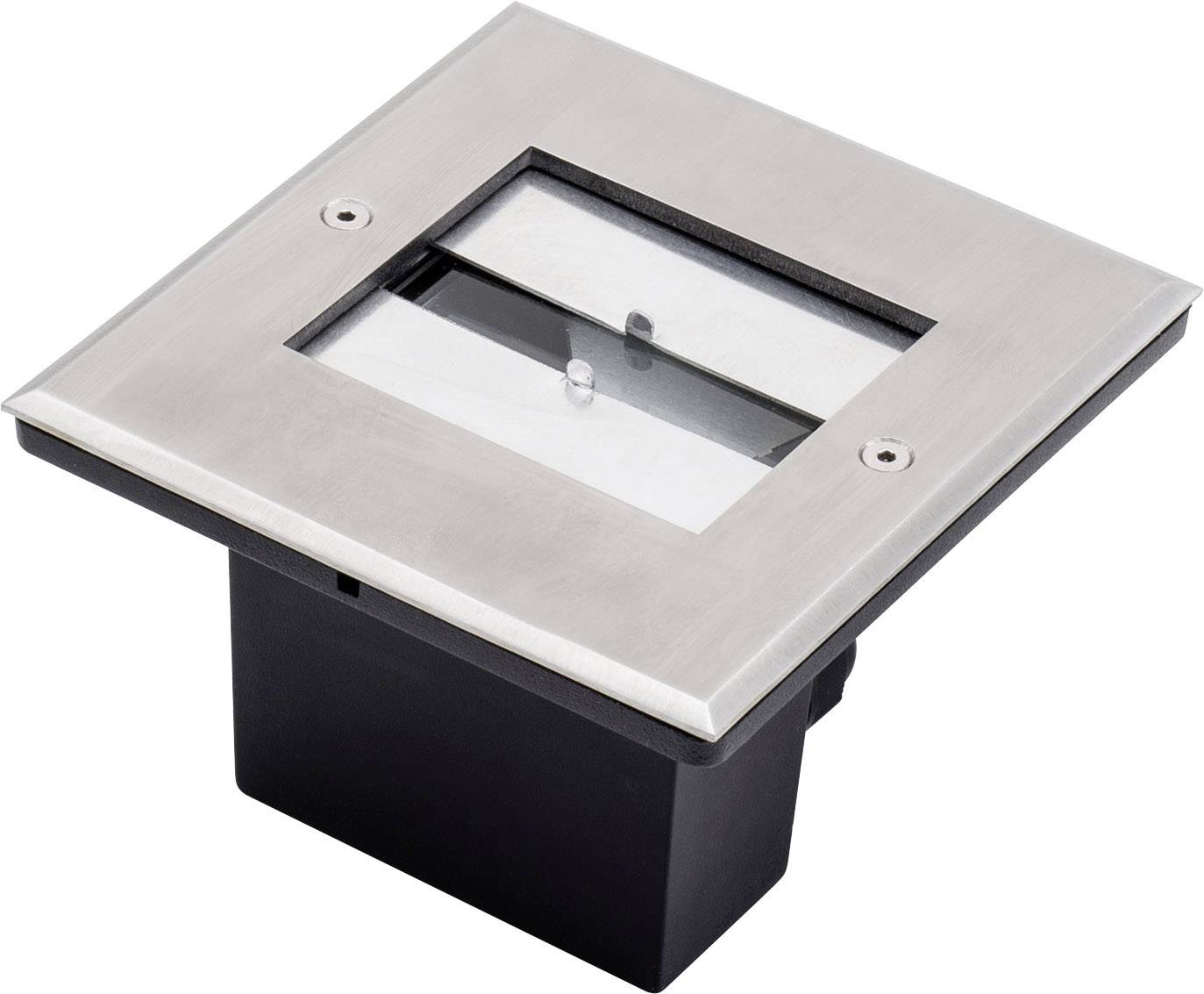 Rechthoekige inbouwverlichting van metaal met vierkante lijst en schuin geplaatst, transparant venster; modern design.