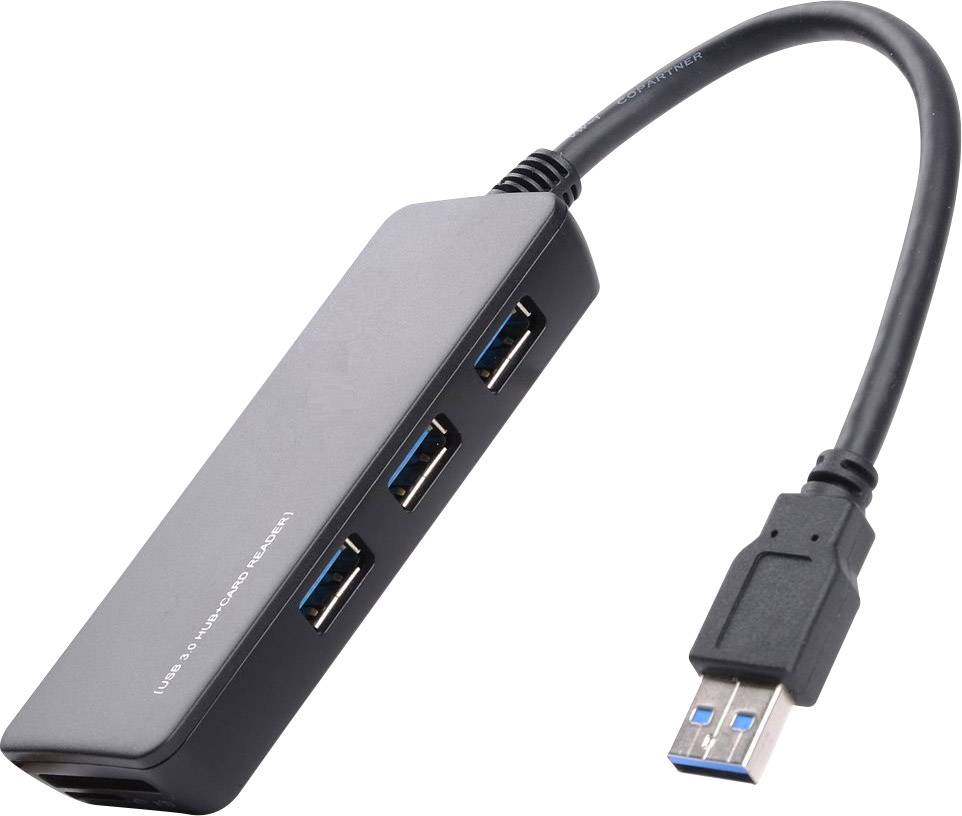 Een USB-hub met vier poorten, verbonden via een kort kabel met een USB-stekker.