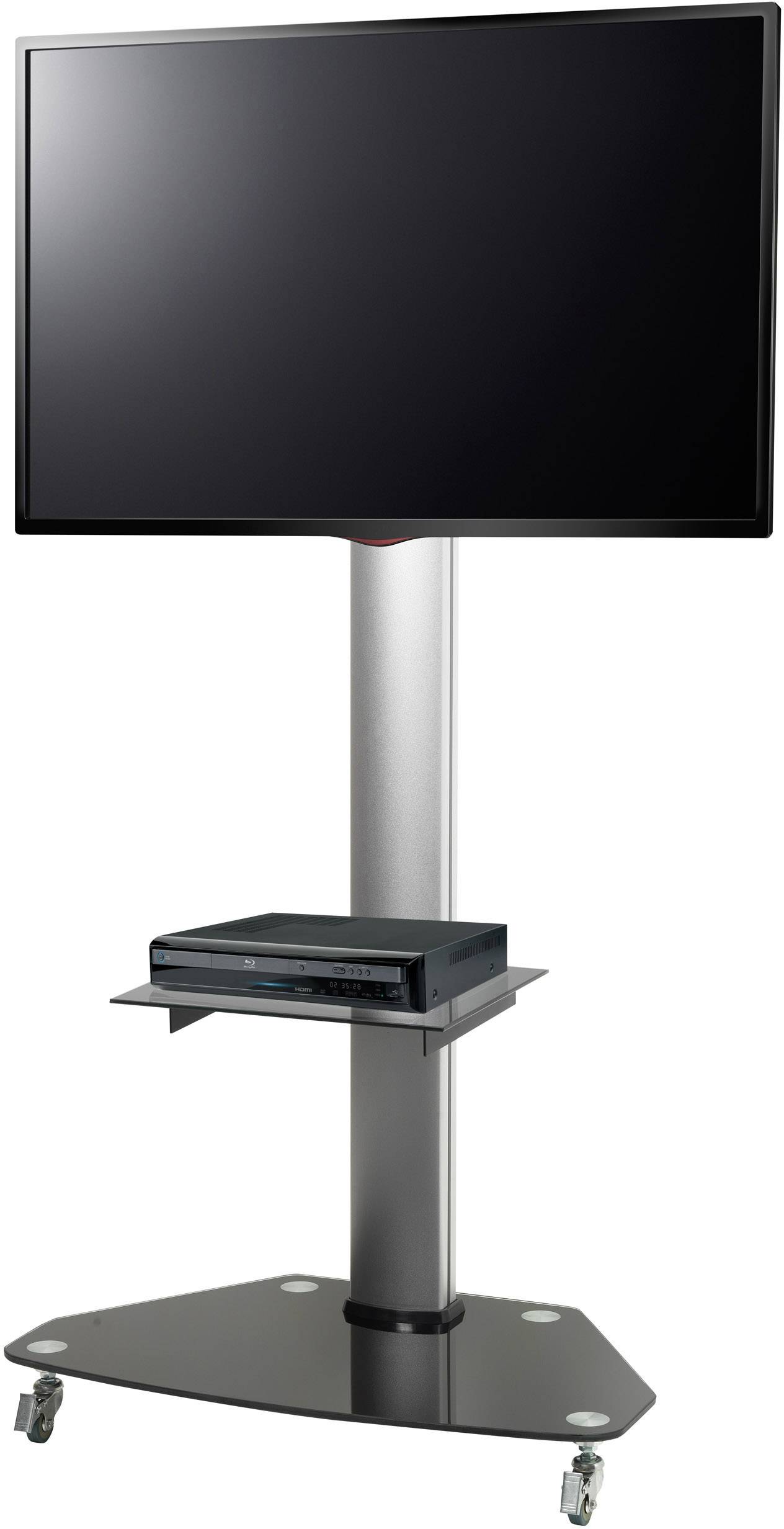 Een groot scherm met een zwarte rand is gemonteerd op een zilveren voet. Daaronder staat een elektronisch apparaat op een plank.