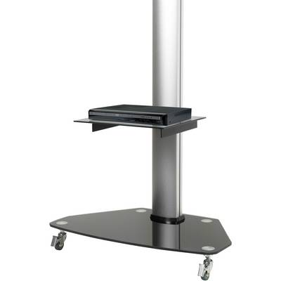 Wieleenheid met glazen plank voor elektronische apparaten, waaronder een dvd-speler, op een metalen standaard.