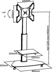 Schets van een verstelbare monitorstandaard met afmetingen. Hoogte 400-500 mm, kantelbaar tot 45 graden. Bevat een voet en een platform.