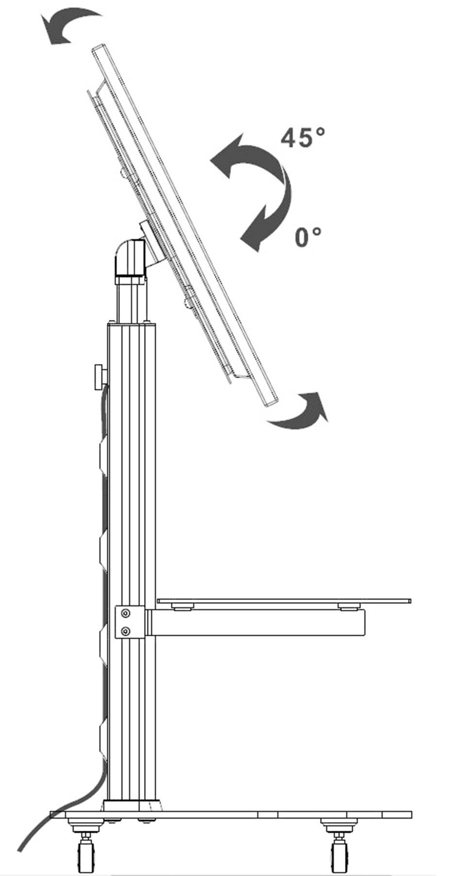 Een illustratieve tekening van een verstelbare monitor toont dat het scherm kan worden gekanteld van 0° tot 45° naar achteren. De monitor staat op een in hoogte verstelbaar frame.