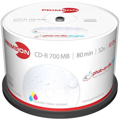 Primeon 2761109 CD-R 80 disc 700 MB 50 stuk(s) Spindel Bedrukbaar, Hoogglans opppervlak, Watervast, Onuitwisbaar