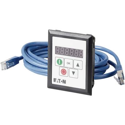 Elektronisch stuurapparaat met toetsen en display, verbonden door een blauw Ethernet-kabel. 'EATON' markering zichtbaar.