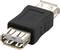 Een zwarte USB-adapter met twee vrouwelijke USB-poorten naar elkaar toe gericht.