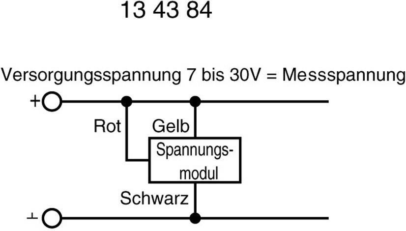 Schakelschema toont een spanningsmodule: Rode leiding naar positief, gele leiding naar spanningsmodule, zwarte leiding naar massa. Voedingsspanning 7-30V gelijk aan meetspanning.