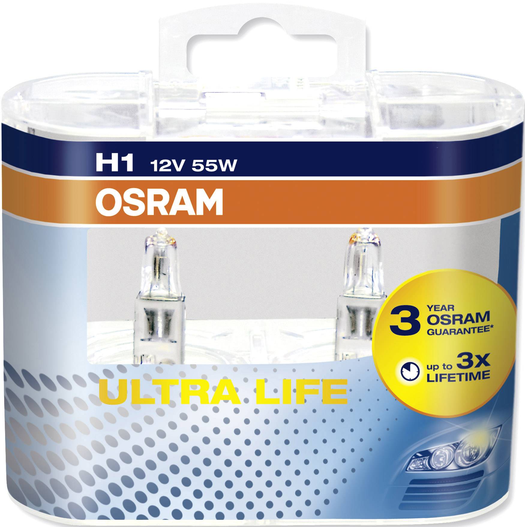 Package with two OSRAM H1 12V 55W Ultra Life car lamps, offers up to three times longer lifespan and 3 years warranty.