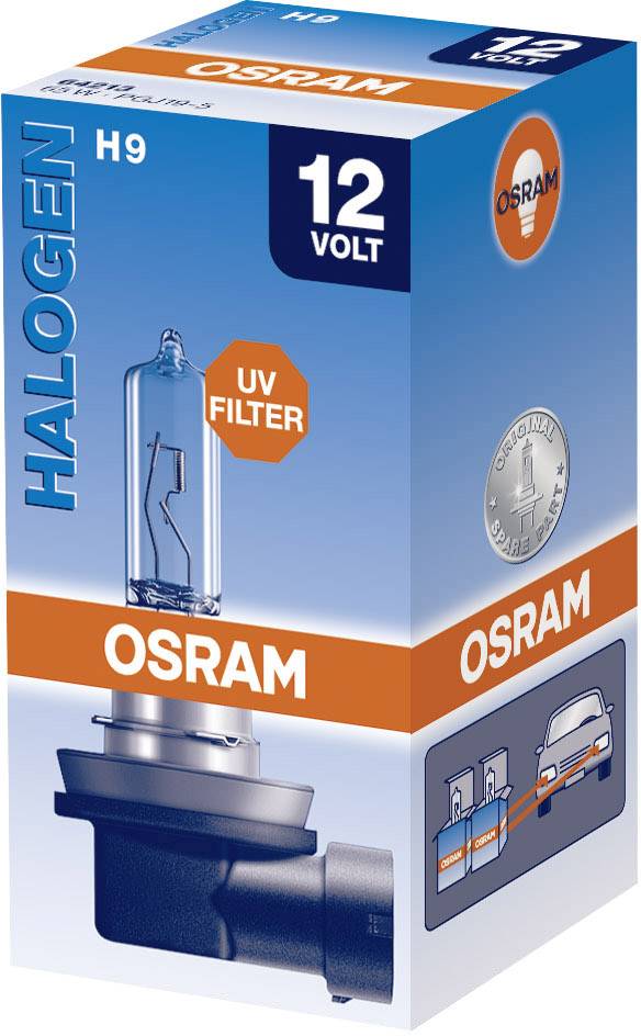 Een Osram Halogeenautolamp H9, 12 Volt, met UV-filter. Verpakking toont lamp, Osram-logo en auto-afbeelding voor gebruik.