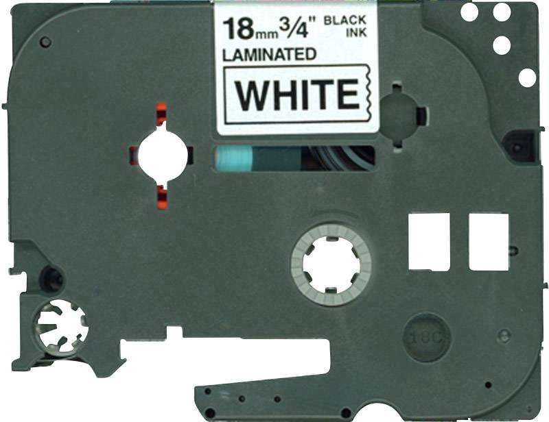 Cassette met opschrift '18mm 3/4" BLACK INK LAMINATED WHITE', vermoedelijk voor een etiketteerapparaat, toont een filmspoel.