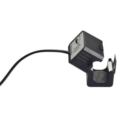Een zwarte kabelstroomsensor met een open clip voor stroommetingen. Hij heeft een kabel voor aansluiting op een stroommeetapparaat of -systeem.