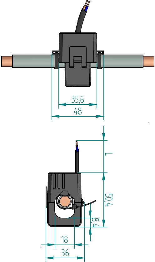Technische tekening van een elektrische schakelaar met afmetingen. De breedte is 48 mm, de hoogte 36 mm en de diepte 78 mm.
