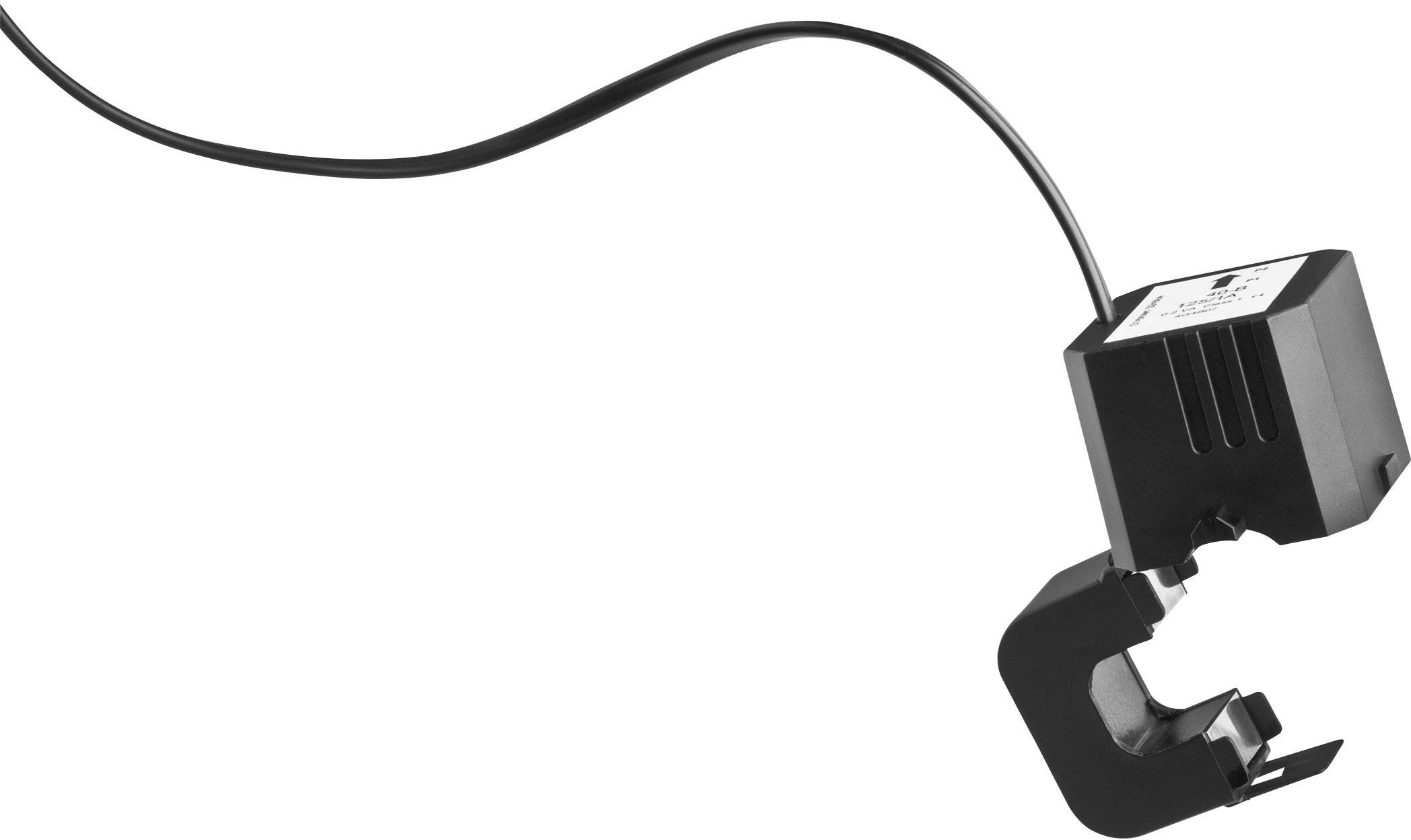Een zwarte stroomtransformator met een open klem en kabel voor het meten van elektrische stroom in een draad.