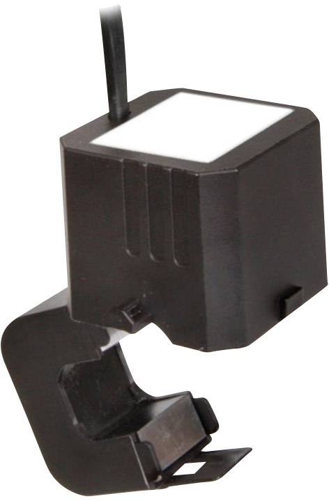 Een zwarte, rechthoekige stroomsensor met een open klem voor het meten van elektrische leidingen. Bovenaan is een wit oppervlak zichtbaar.