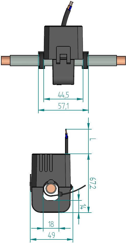 Technische tekening van een waterpomp met afmetingen: 44,5 mm breedte, 57,1 mm lengte, 61,2 mm hoogte. Bovenaanzicht en zijaanzicht.