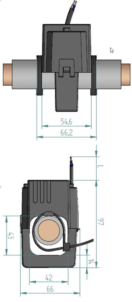 Afbeelding van een ventiel met maatvoering in millimeters: Breedte 54,6 en 66,2, hoogte 97, lengte 42 en 66. Bovenaanzicht en zijaanzicht.