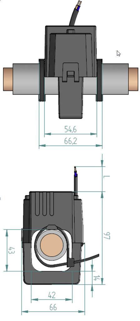 Maatvoeringstekening van een pijpleiding met geïnstalleerde sensor, toont bovenaanzicht en zijaanzicht. Afmetingen: lengte 66,2 cm, breedte 54,6 cm, hoogte 91 cm.