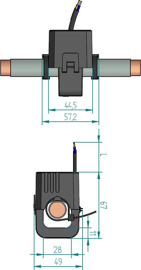 Technische tekening van een elektrisch onderdeel met maatvoering in millimeters: breedte 57,2; diepte 44,5; hoogte 49. Kabelaansluitingen zichtbaar.