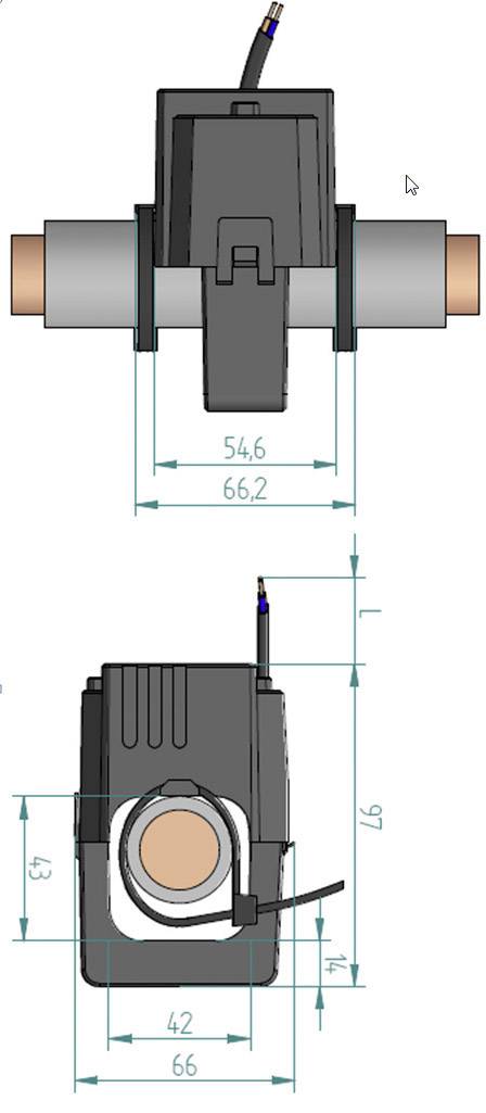 Technische tekening van een elektronisch onderdeel met verschillende aanzichten. Afmetingen: Breedte 66,2 mm, hoogte 97 mm, diepte 42 mm.