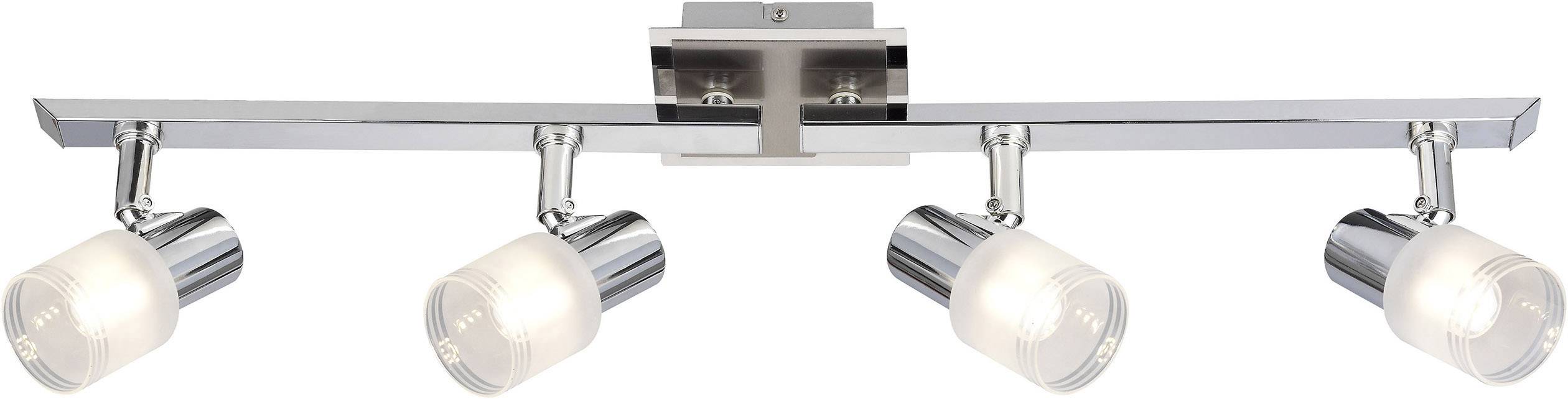 Plafondspot met vier verstelbare lampen, zilveren metalen frame. Optimale verlichting voor woon- of kantoorruimtes.