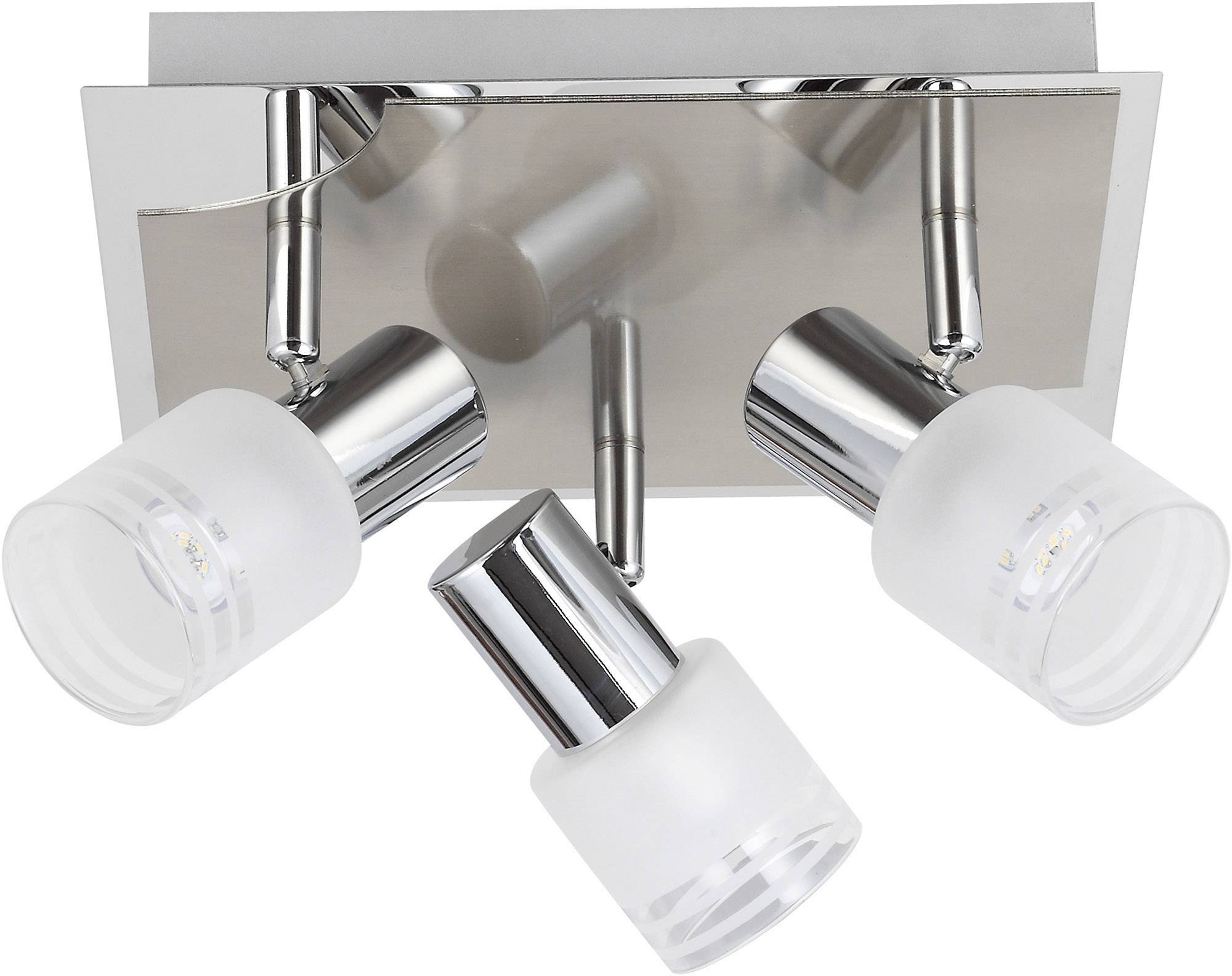 Driearmige plafondlamp van metaal met matte glazen voeten, gemonteerd op een rechthoekige sokkel.