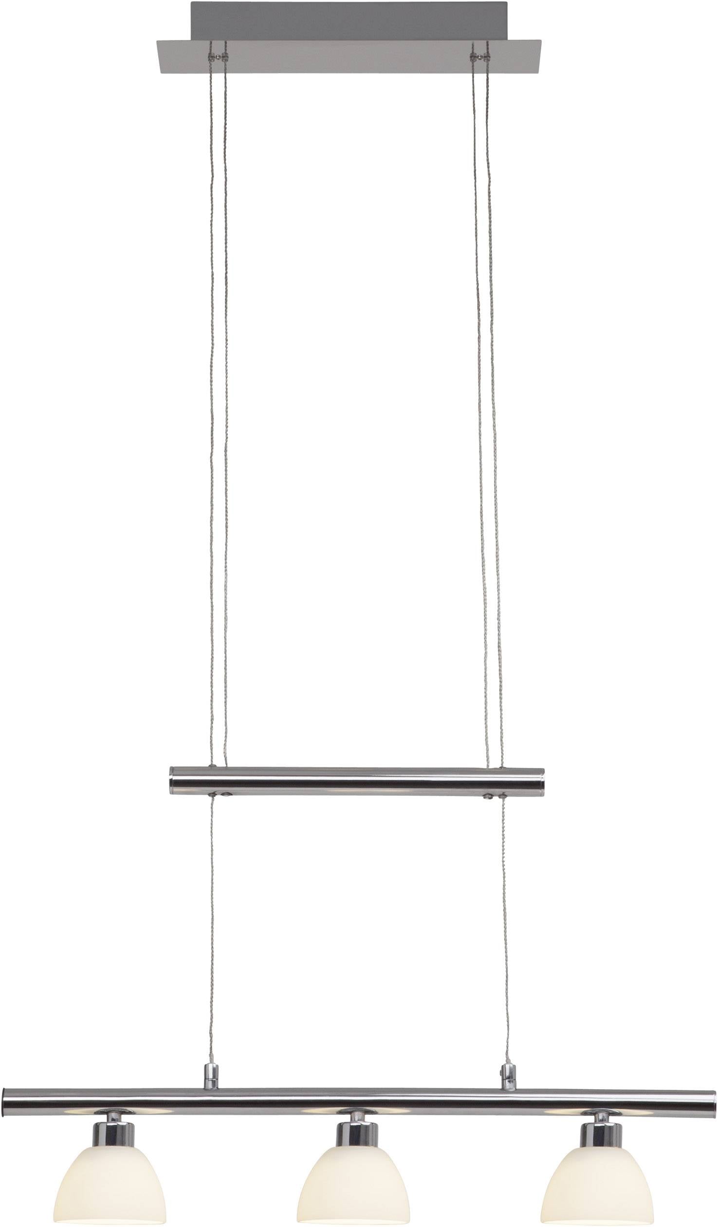 Een moderne, hangende plafondlamp met drie onderaan verbonden, bolvormige lampenkappen van mat glas.
