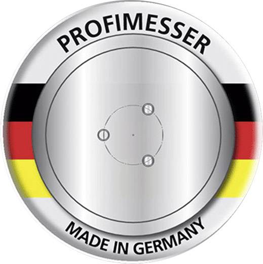 Rond metalen etiket met de tekst 'PROFIMESSER' bovenaan en 'MADE IN GERMANY' onderaan. Nederlandse vlag op de achtergrond.