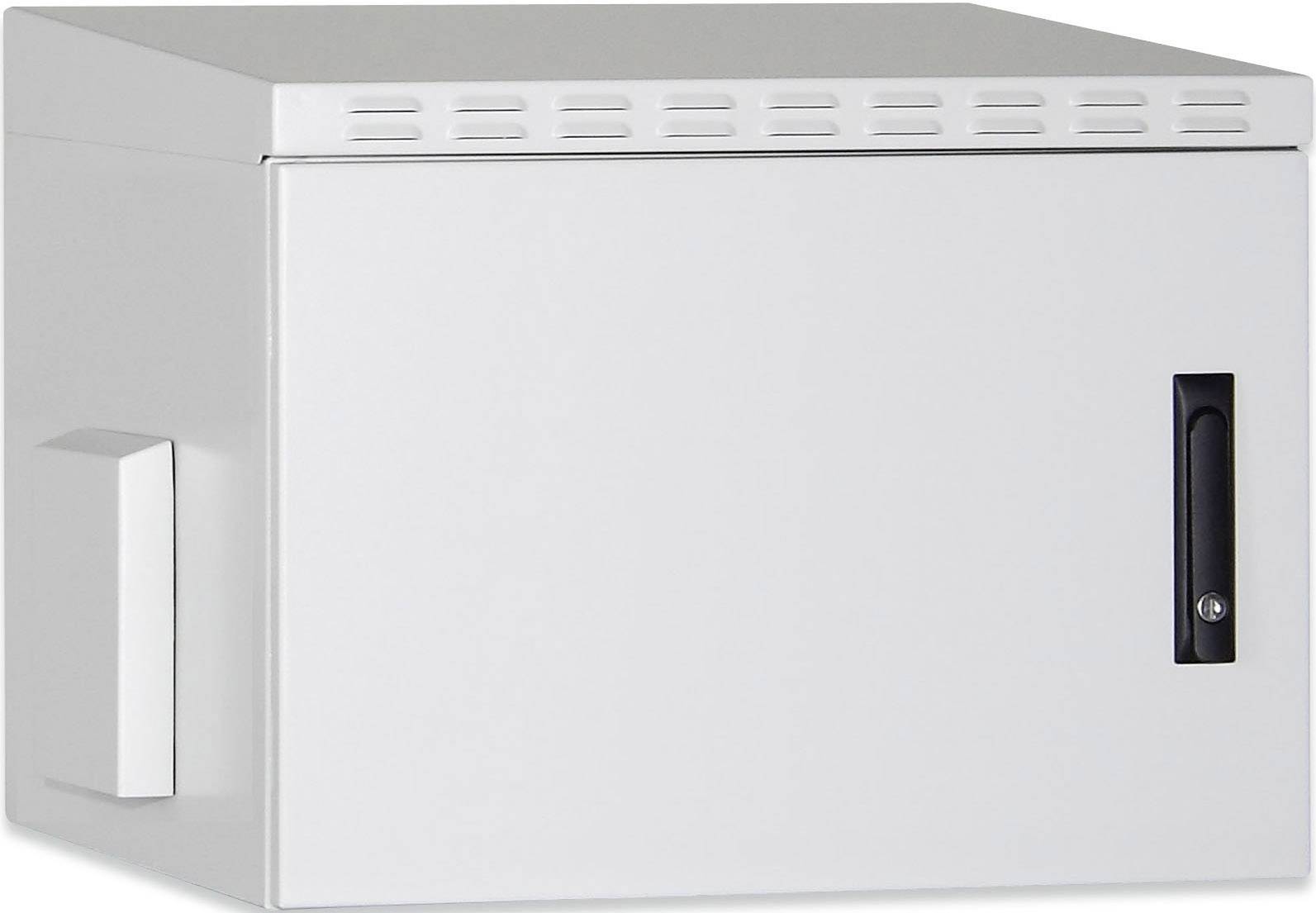 Een witte metalen kast, rechthoekig, met een zwarte greeplijst aan de rechterkant. Ideaal voor opslag en beveiliging.