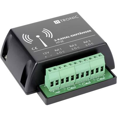 Een elektronisch apparaat met het opschrift '3-kanaals ontvanger HT3E' en meerdere groene stekkerverbindingen voor kabelbevestiging.