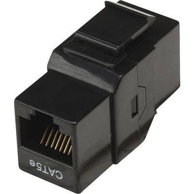 Zwarte Cat6-Ethernet-keystone-moduleconnector met open aansluiting.