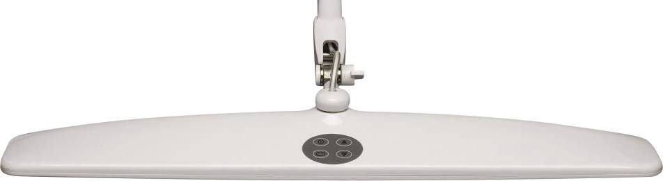 Een witte dweilmop met een scharnierende verbinding in het midden. Het hoofd is plat en rechthoekig, geschikt voor het dweilen van vloeren.