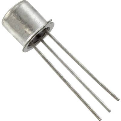 Een metalen transistor met drie lange aansluitdraden op een witte achtergrond.