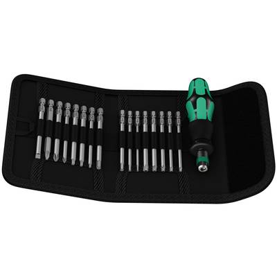 Een gereedschapsset in een open zwarte tas. Links bevinden zich verschillende schroevendraaier-bits in houders, rechts een handgreep.