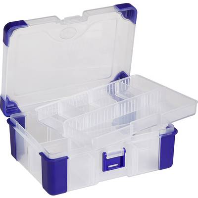 Transparante kunststof opbergbox met blauwe sluiting en vakken voor kleine onderdelen, deksel open.