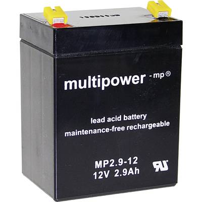 Zwarte lood-zuur-accu met opschrift 'multipower - mp', 'onderhoudsvrije oplaadbare loodaccu', 'MP2.9-12, 12V 2.9Ah'.