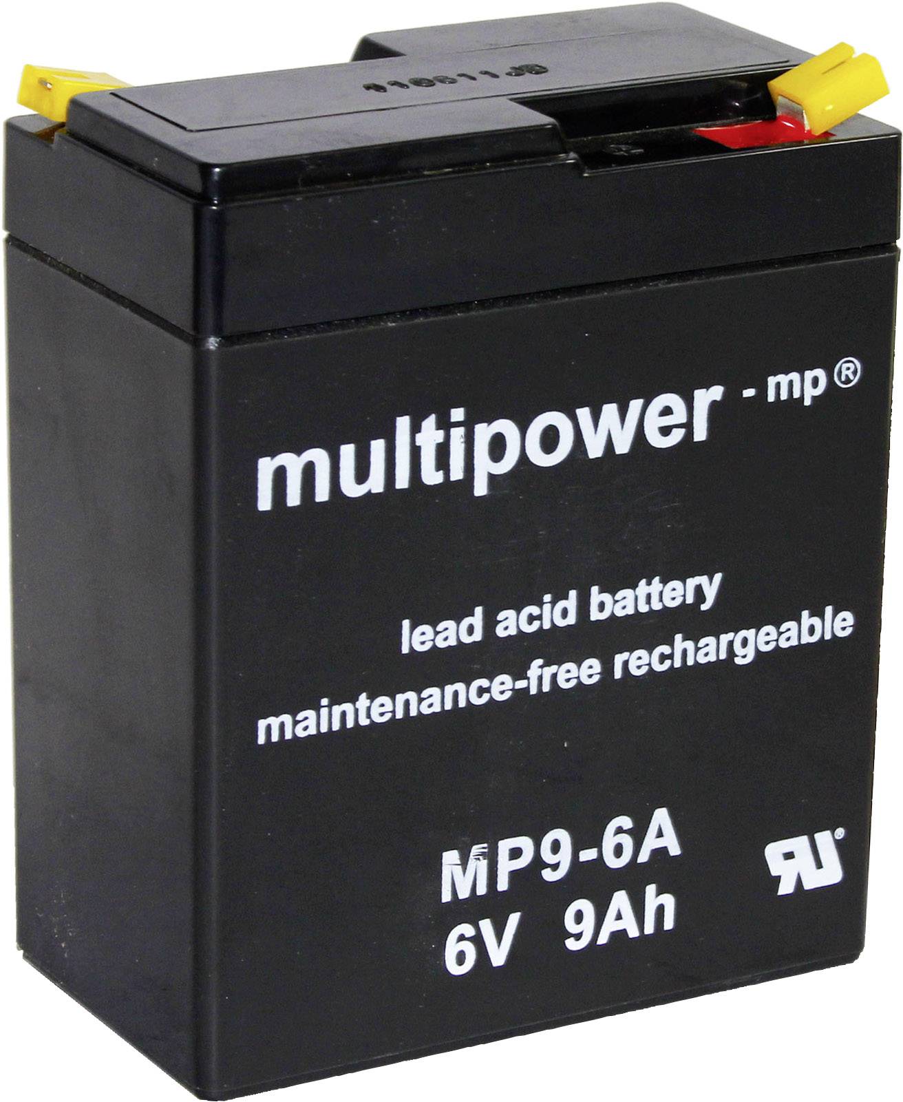 Zwarte lood-zuur-accu met opschrift 'multipower - mp, MP9-6A, 6V 9Ah', oplaadbaar en onderhoudsvrij.