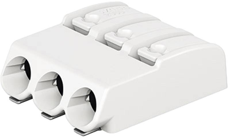 Drie witte elektrische stekkers op een rij, geschikt voor het verbinden van kabels in elektrische installaties.