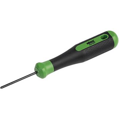 Zwarte en groene schroevendraaier met lange steel, geschikt voor kleine schroeven.
