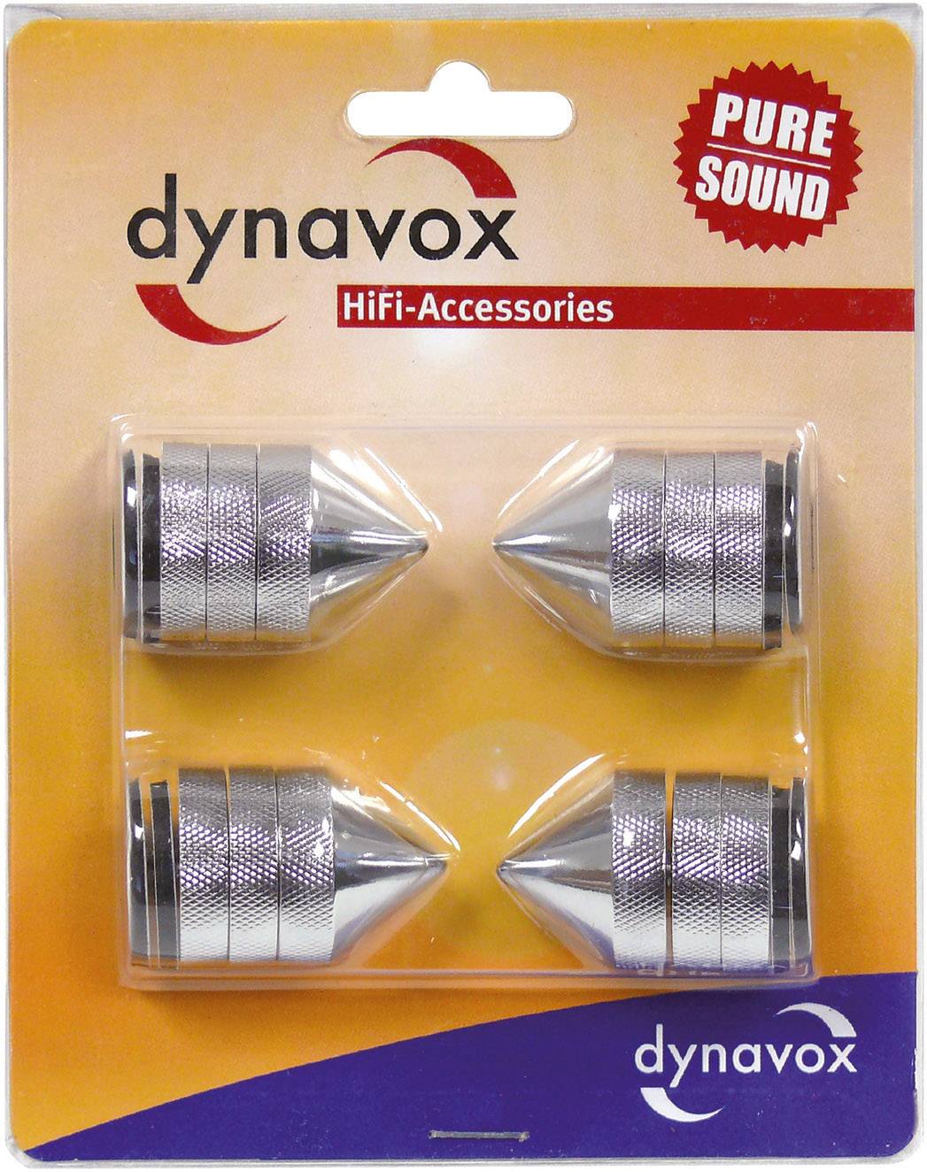 'Verpakking met vier Dynavox HiFi-accessoire-kegels, metallic, in blisterverpakking, met opschrift "PURE SOUND" rechtsboven.'