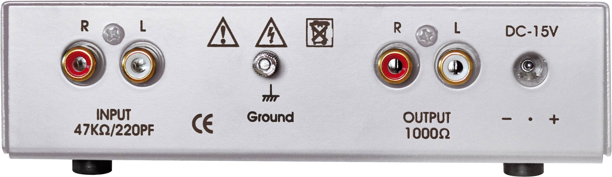 Achterkant van een audioversterker met ingangs- en uitgangaansluitingen gemarkeerd als L en R. Bijkomende waarschuwingssymbolen en gelijkstroomaansluiting.