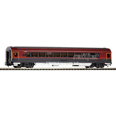 Een modeltreinstel in het design van een moderne trein met de opschrift 'railjet' in rood- en grijstinten op rails.