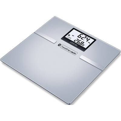 Digitale personenweegschaal in zilver met digitaal display. Toont 62,4 kg en 26% lichaamsvet. Merk 'healthcoach', Bluetooth-compatibel.