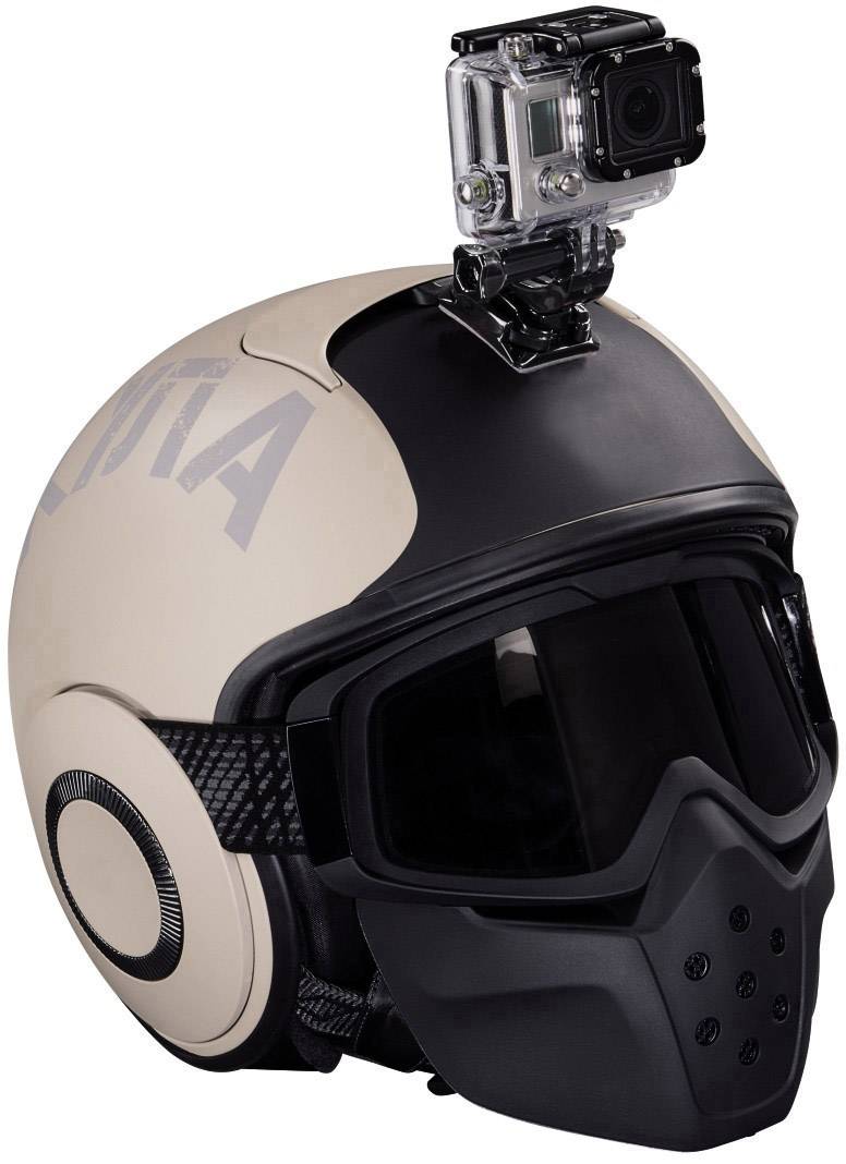 Een zwarte en beige helm met geïntegreerd vizier, microfoon en gemonteerde kleine camera bovenop.