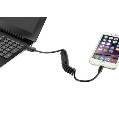 Een laptop die via een spiraalvormige kabel is verbonden met een smartphone, toont het opladen of de gegevensoverdracht tussen de apparaten.
