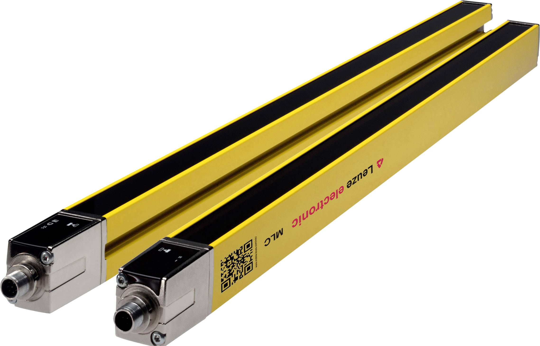 Twee gele veiligheidslichtgordijnen met zwarte sensoren aan de uiteinden, gebruikt voor het beveiligen van gevarenzones in machines.