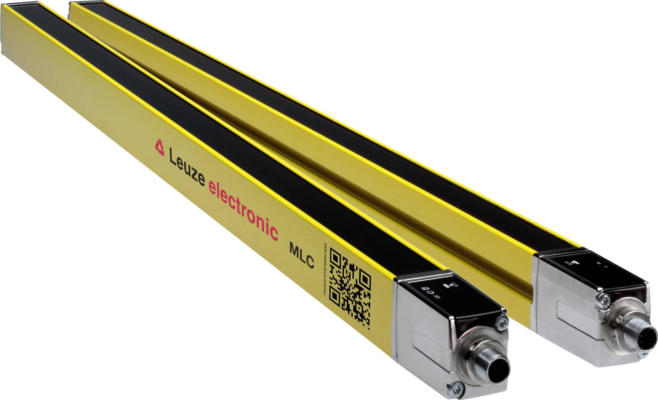 Twee gele veiligheidslichtgordijnen van 'Leuze electronic MLC', tonen aansluitingen en QR-code, gebruikt voor beveiliging in industriële installaties.